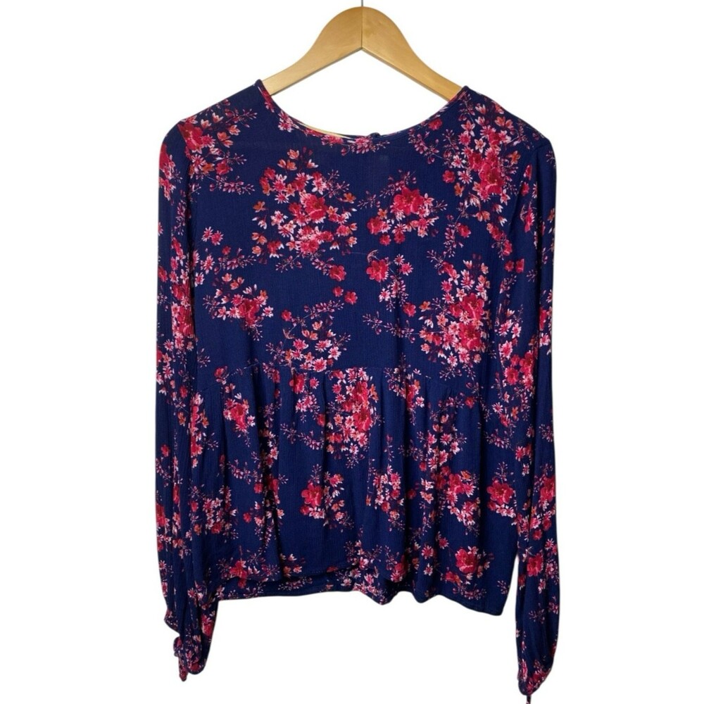 Roebuck & Co Floral Peplum Blouse Womens M Navy Pink Boho Long Sleeve Tie Cuff